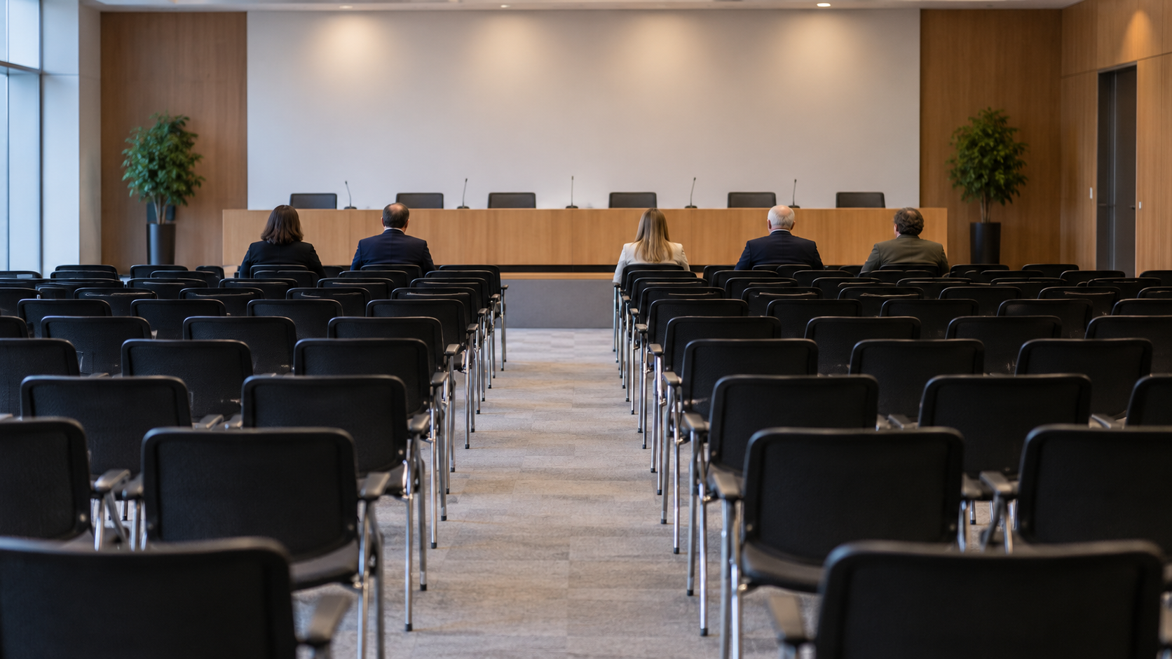 Une salle de réunion aux rangées de chaises presque vides, quelques personnes assises de dos au premier rang.