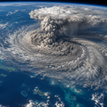 Vue depuis l’espace d’un immense panache volcanique gris s’étalant en spirale au-dessus d’un océan tropical bleu.