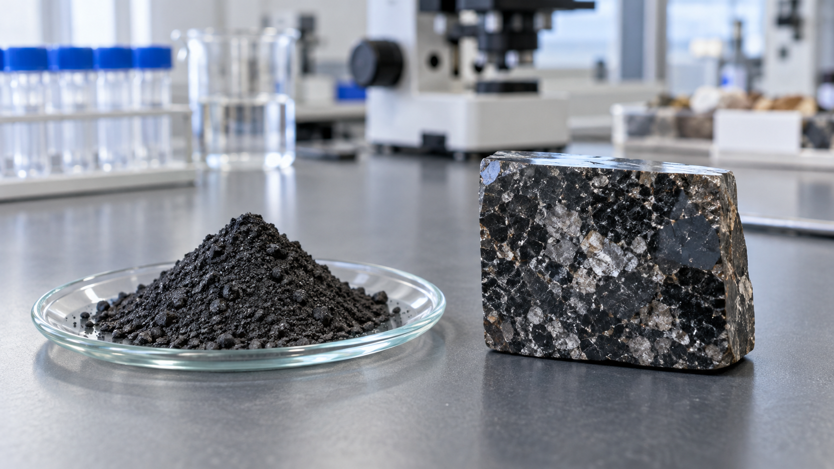 Poudre minérale sombre et bloc de roche poli posés côte à côte sur une paillasse de laboratoire.