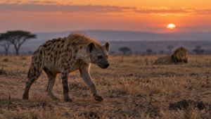 Une hyène tachetée marche au premier plan d'une plaine sèche au crépuscule, un lion mâle au repos très loin derrière elle.