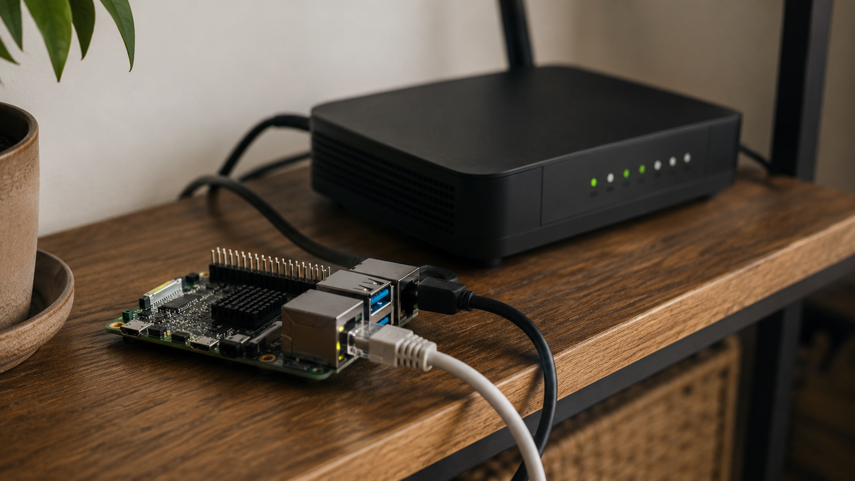 Petit ordinateur monocarte posé sur une étagère en bois, relié en Ethernet et en USB, devant une box internet.