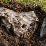 Un slip en coton blanc à moitié déterré d’une terre sombre, le tissu troué, une main gantée tenant une truelle à côté.
