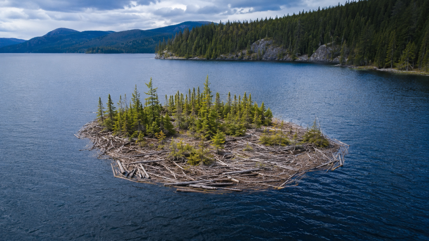 Vue aérienne d’un radeau de bois flotté couvert de jeunes conifères dérivant sur un vaste réservoir hydroélectrique bordé de forêt boréale, dans le nord de la Colombie-Britannique.