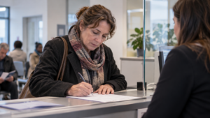 Une femme d’une cinquantaine d’années remplit un formulaire papier à un guichet administratif, stylo en main.