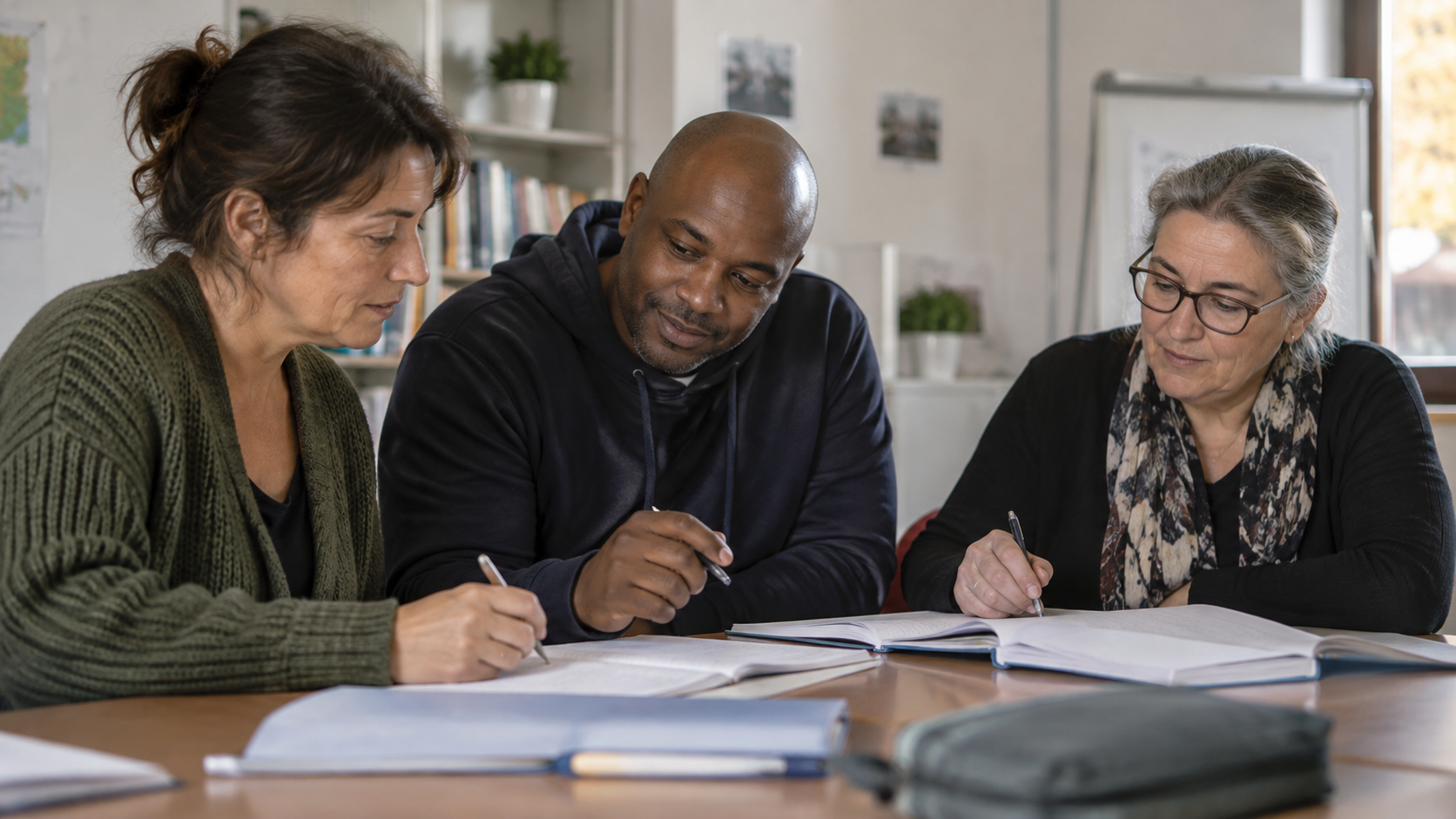 Trois adultes autour d’une table dans une salle de formation, cahiers ouverts et stylos posés.