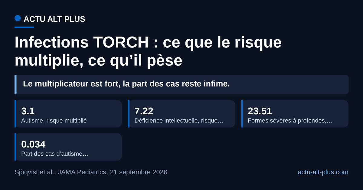 Le risque individuel triple, mais les infections TORCH n’expliquent que 0,034 % des cas d’autisme recensés en Suède : les deux lectures sortent de la même cohorte de 3,7 millions de naissances.