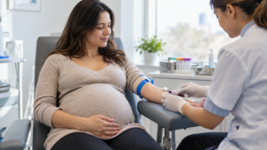 Une femme enceinte tend son bras pour une prise de sang dans un cabinet médical clair.