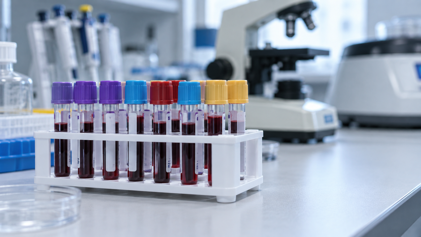 Des tubes de prélèvement sanguin étiquetés attendent dans un portoir sur une paillasse de laboratoire.