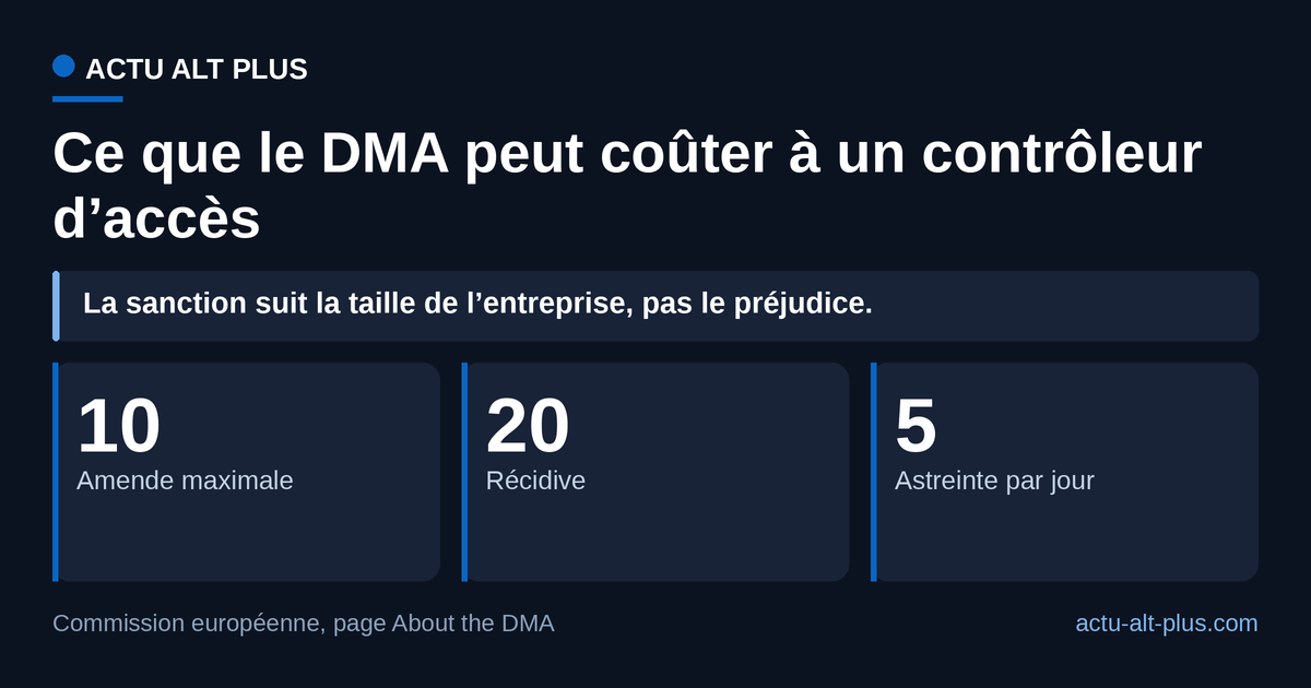 Le règlement chiffre ses sanctions en part de chiffre d’affaires et non en euros : la récidive peut coûter jusqu’à 20 % du chiffre d’affaires mondial annuel, ce qui rend l’amende proportionnelle à la taille du contrevenant.