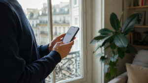 Mains d’un adulte tenant un smartphone devant une fenêtre d’appartement parisien, l’écran affiche un menu de réglages flouté avec un interrupteur en évidence.