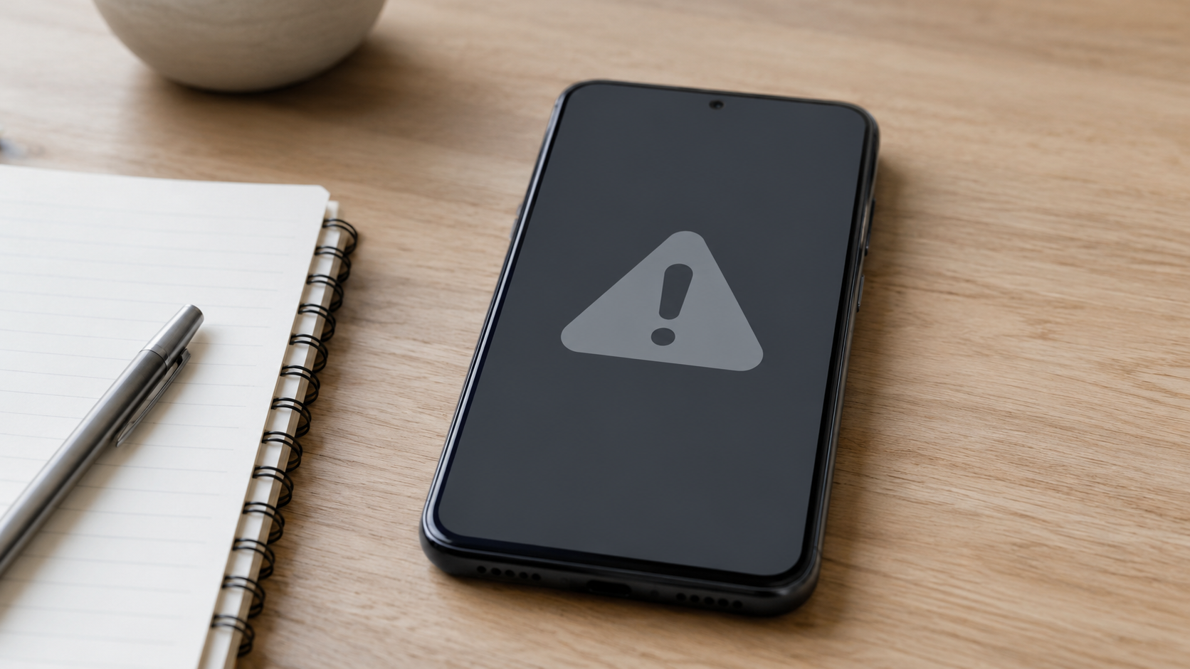 Smartphone posé sur un bureau en bois clair, écran allumé sur une fenêtre d’erreur grise sans texte lisible, carnet et stylo à côté.