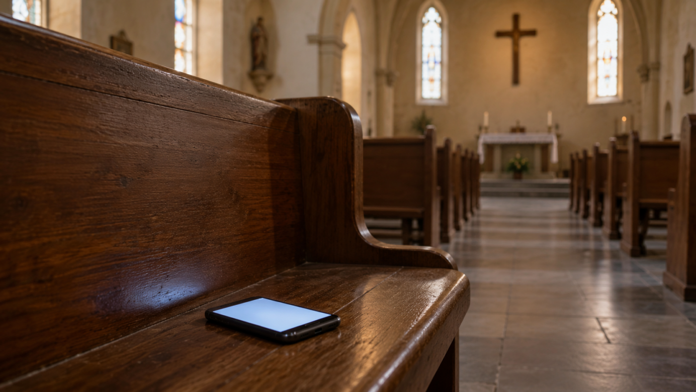 Intérieur d’une petite église vide, un téléphone allumé posé sur un banc de bois.