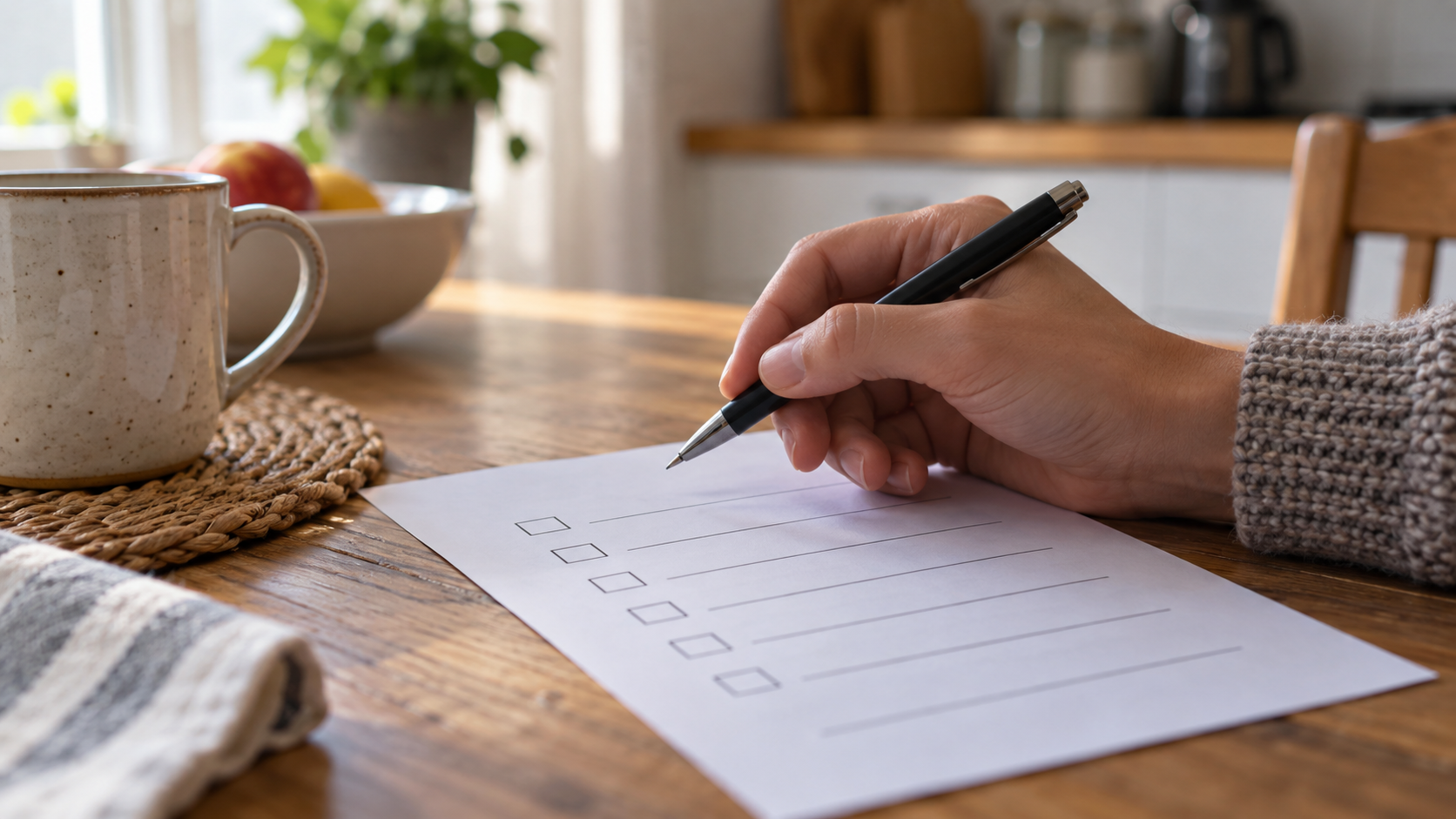 Une main hésite au-dessus des cases d’un questionnaire posé sur une table de cuisine.