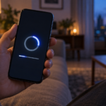 Une main tient un smartphone dont l’écran affiche un anneau de progression lumineux, dans un salon au crépuscule.