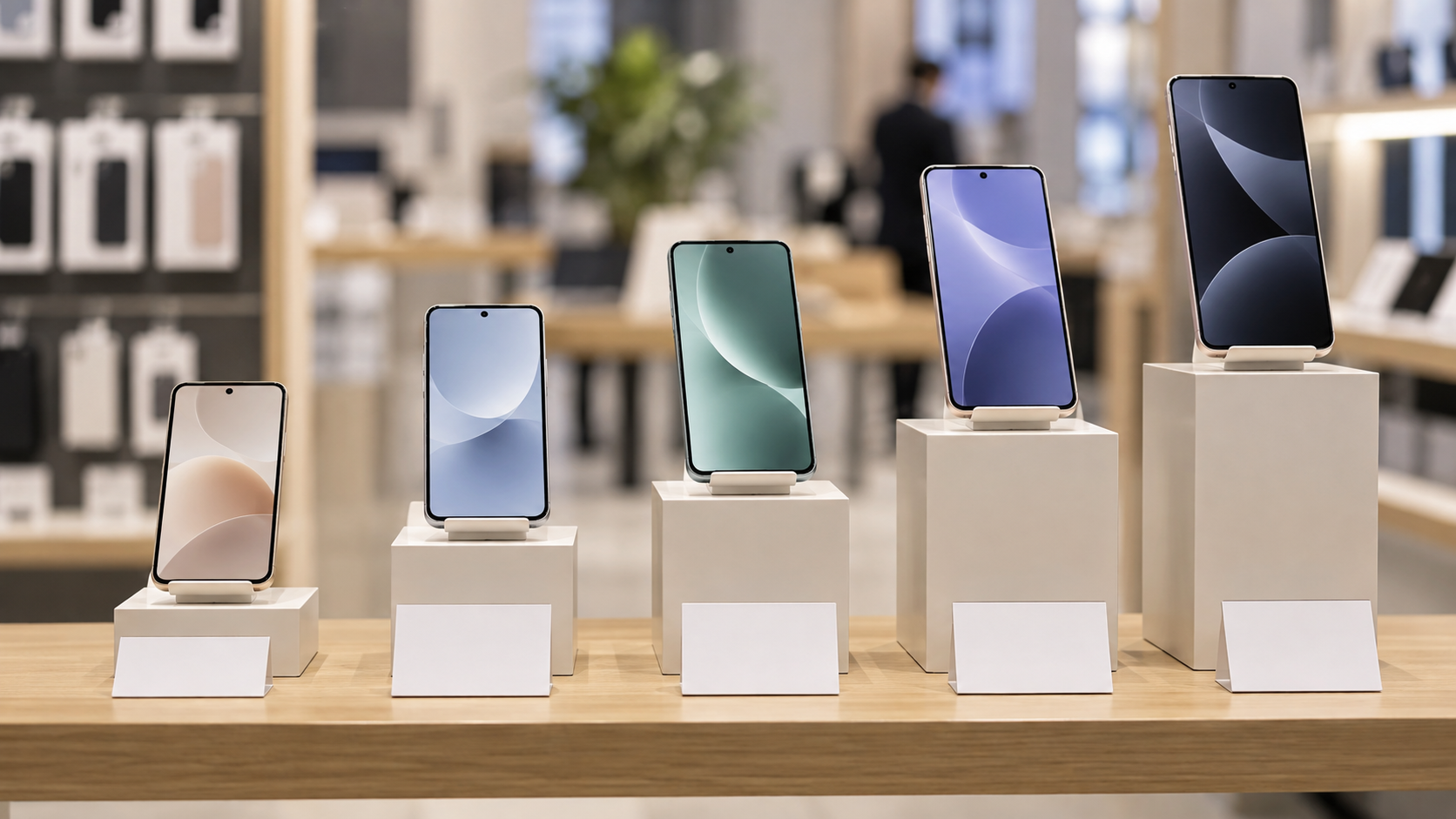 Cinq présentoirs de téléphones alignés par hauteur croissante sur une étagère de magasin, devant des étiquettes de prix vierges.