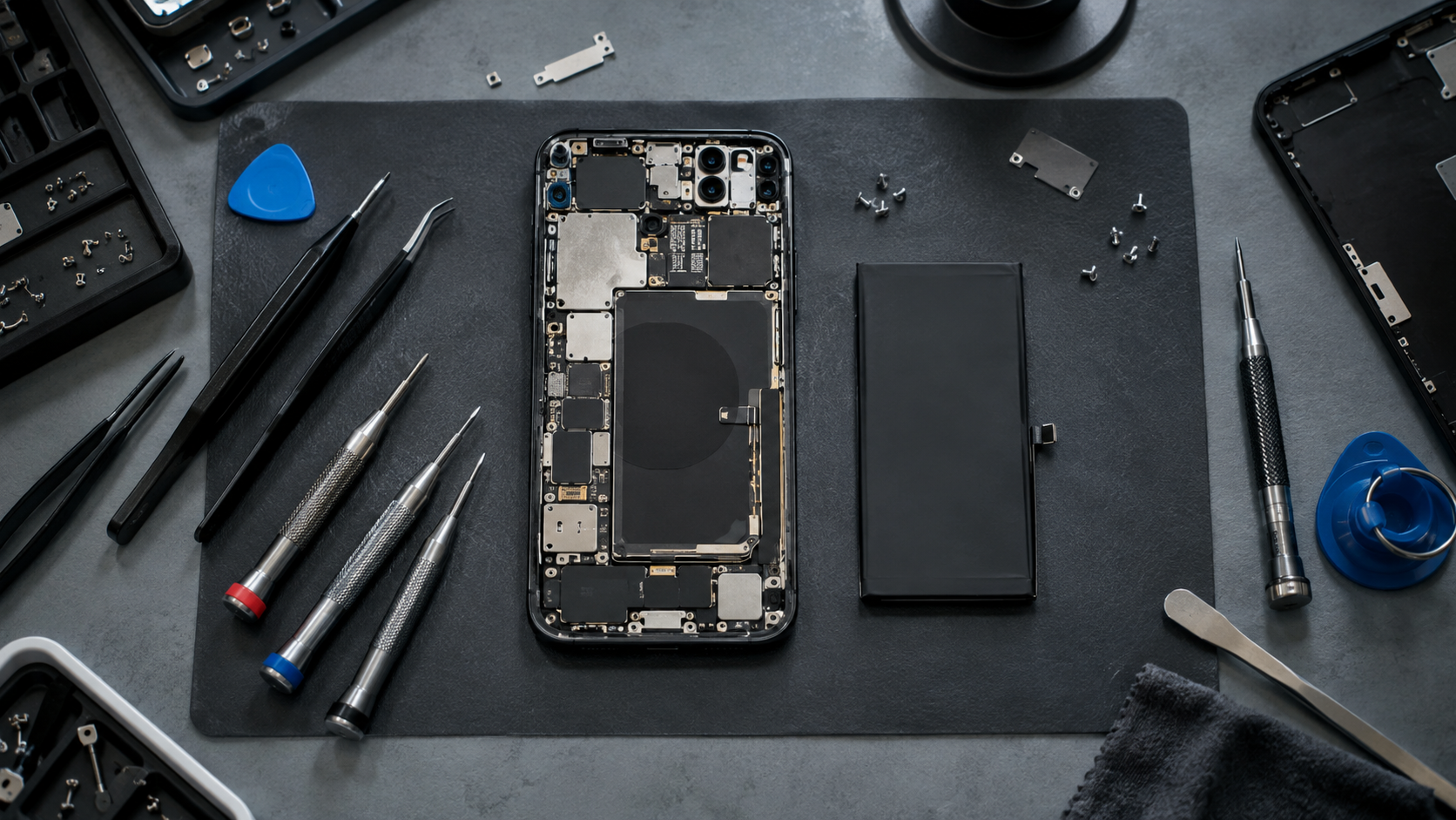 Établi de réparation vu de dessus, avec un smartphone démonté, une batterie de remplacement et des tournevis de précision