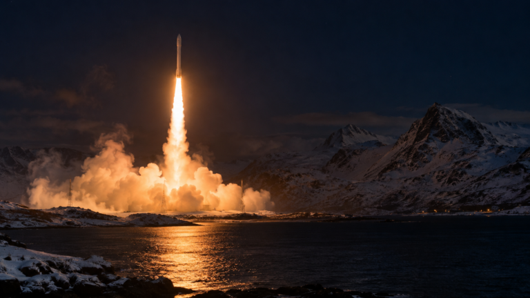 Une fusée blanche s’élève au-dessus d’une côte arctique enneigée, la flamme orange se reflétant sur l’eau sombre d’un fjord.