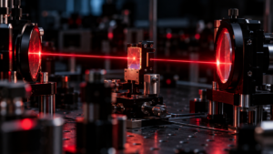 Banc optique de laboratoire dans la pénombre, un faisceau rouge frôlant un échantillon monté entre deux miroirs.