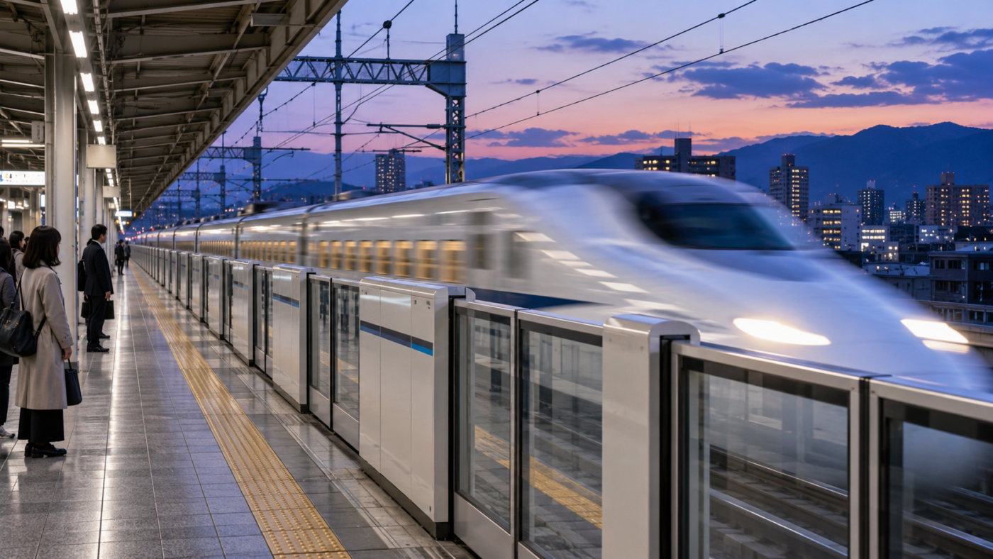 Quai de gare japonais au crépuscule, un train à grande vitesse filant le long de la bordure, portes palières fermées.