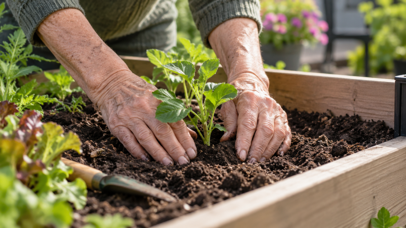 Mains d’une personne âgée tassant la terre autour d’un jeune plant dans un bac de jardinage surélevé, visage hors cadre.