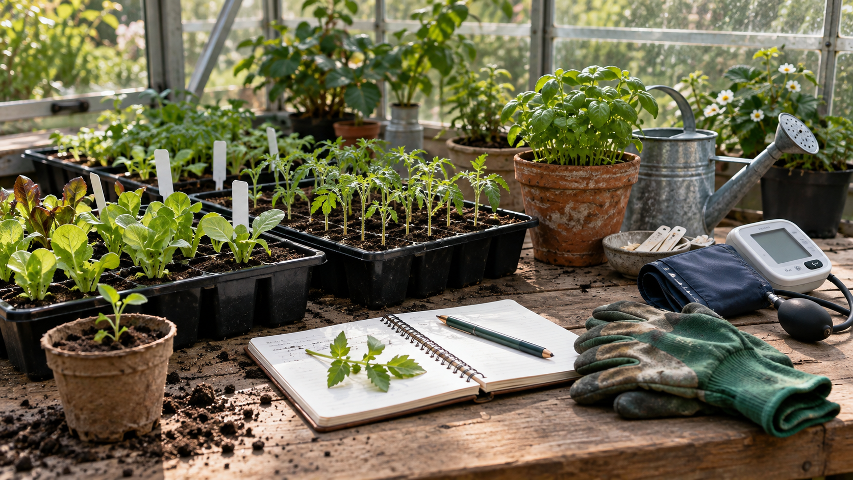 Table de serre avec semis, carnet, gants de jardinage et brassard de tensiomètre posé de côté, sans personne.