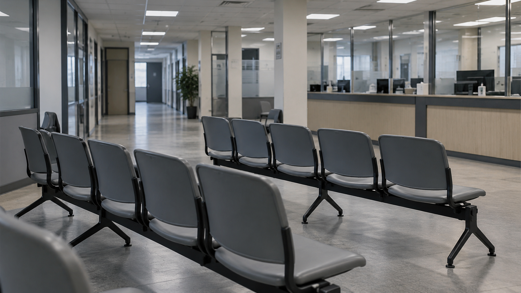Salle d’attente d’une agence pour l’emploi, rangées de chaises grises vides sous une lumière froide.
