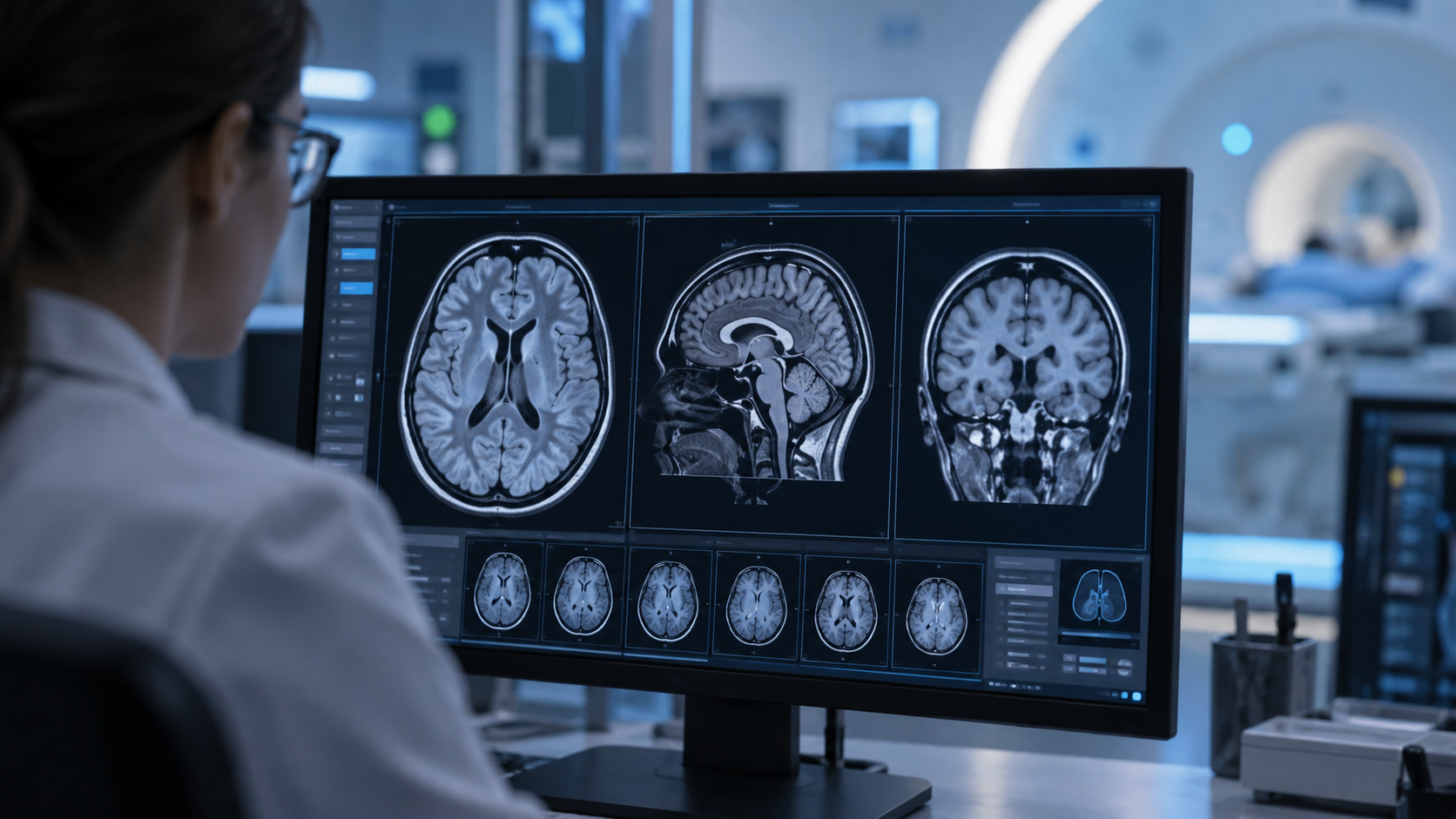 Écran de station d’imagerie affichant des coupes IRM d’un cerveau, dans un laboratoire de recherche.