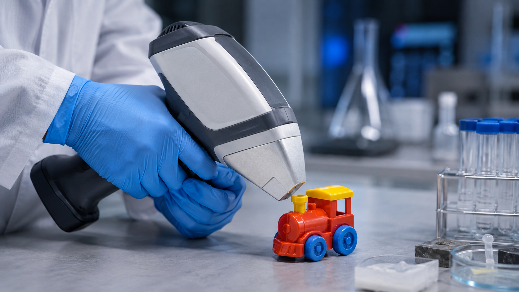 Mains gantées dirigeant un analyseur portable à fluorescence X vers un petit jouet en plastique posé sur une paillasse.
