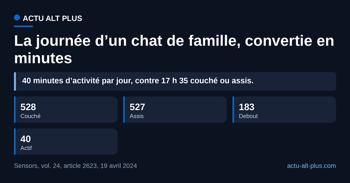 Couché et assis absorbent 1 055 des 1 440 minutes d’une journée, soit 17 h 35 ; l’activité en occupe 40. Limite : moyennes sur 28 chats suivis en Nouvelle-Zélande, sept jours par saison, avec un classifieur crédité de 70 à 86 % d’exactitude à la validation.