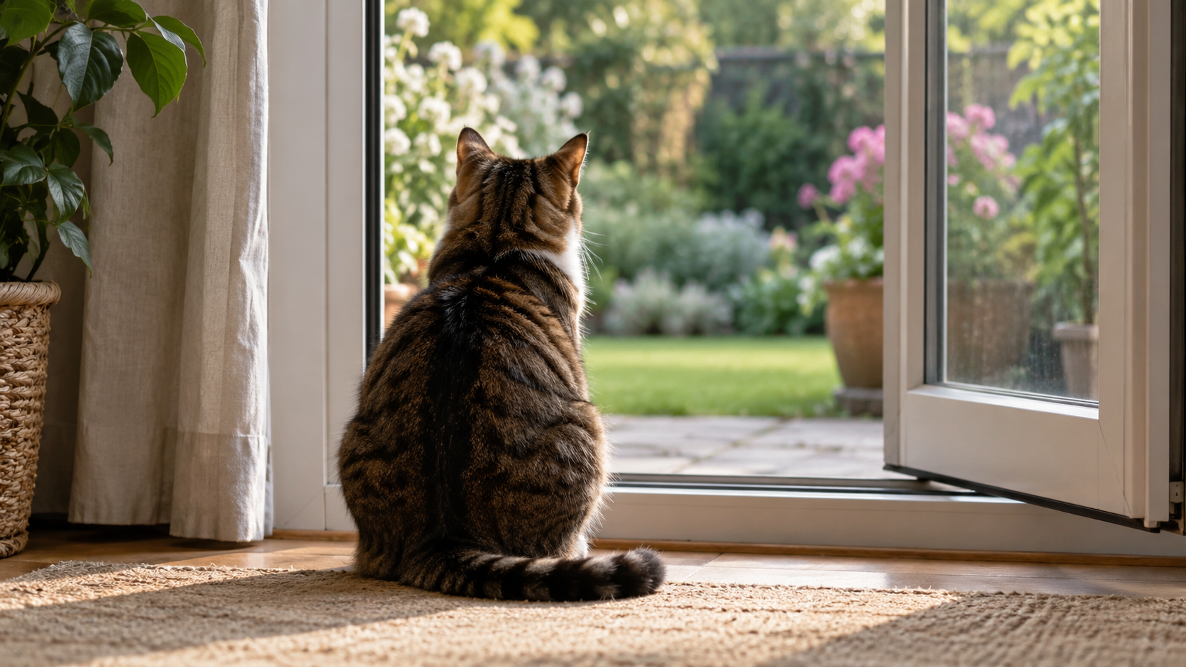 Un chat vu de dos, assis immobile devant une porte-fenêtre entrouverte, jardin flou au-delà.