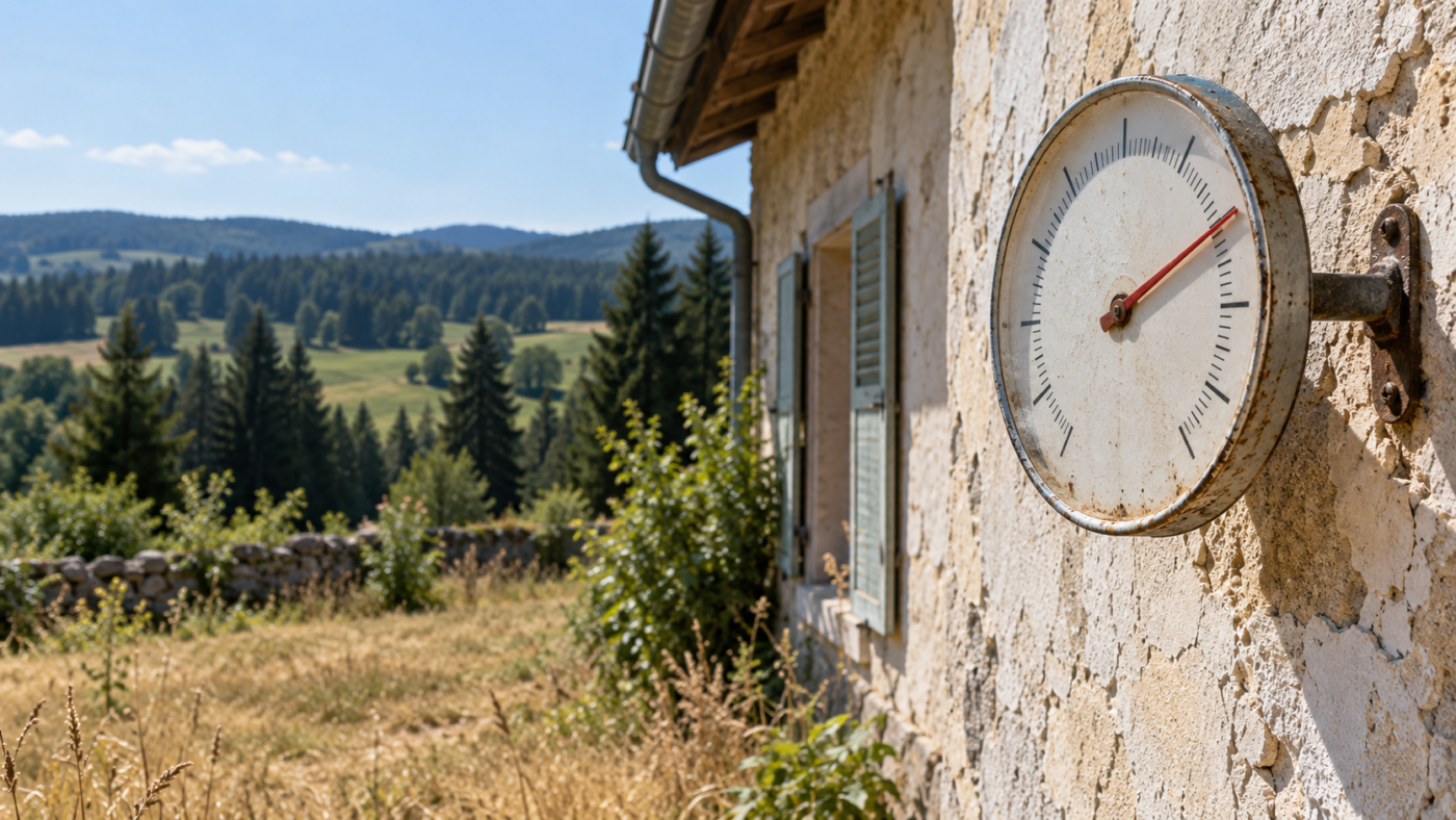 L’aiguille du thermomètre dépasse 30 degrés sur la façade.