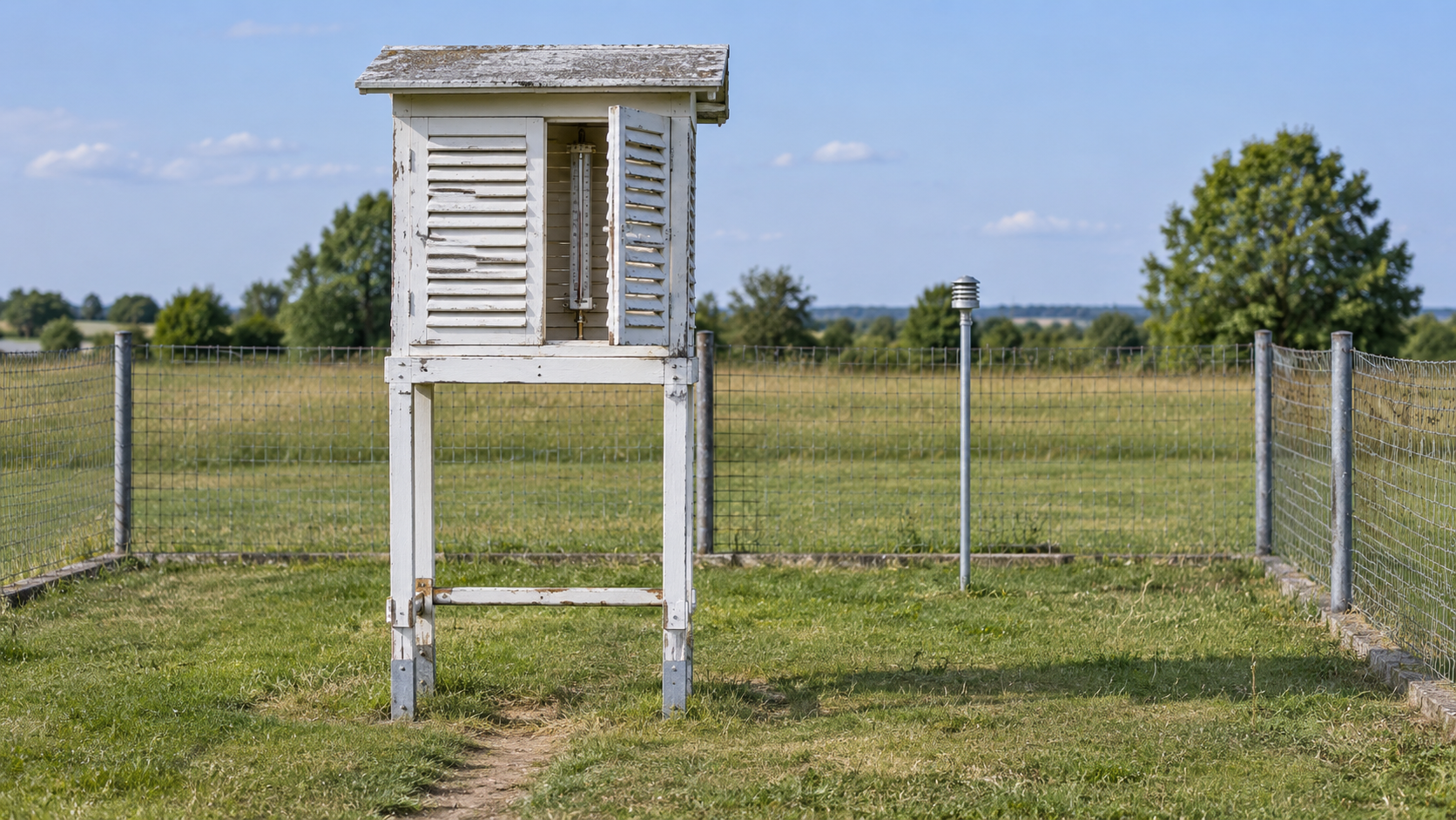 La porte entrouverte de l’abri météo laisse voir le thermomètre.
