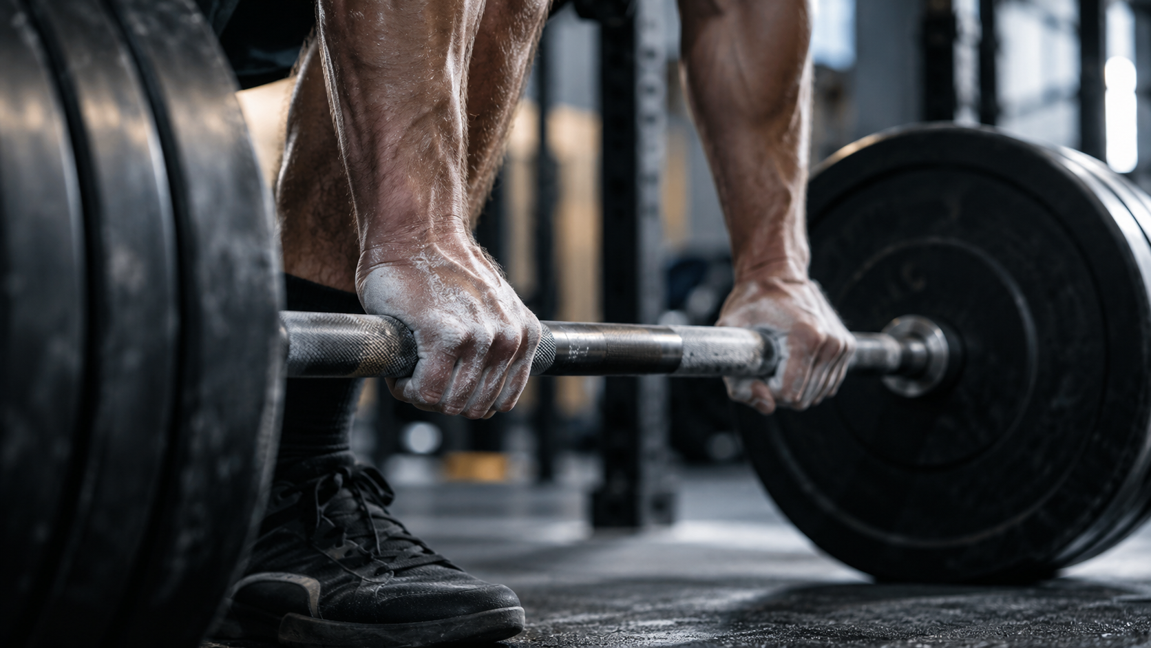 Des mains marquées de magnésie serrent une barre chargée dans une salle de musculation.