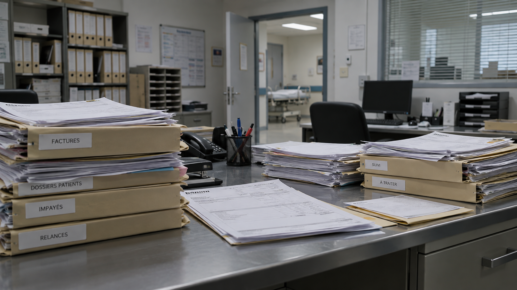 Des piles de factures papier rangées dans des chemises beiges sur un bureau métallique, dans un service de facturation hospitalier désert.