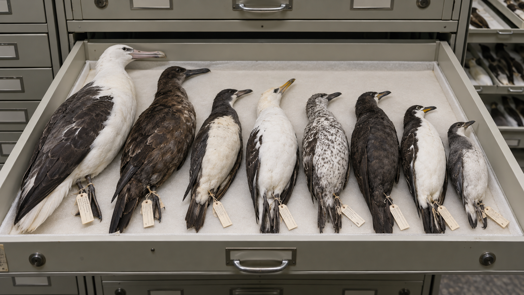 Tiroir de collection d’un muséum ouvert sur des peaux d’oiseaux marins conservées côte à côte, étiquettes attachées aux pattes.