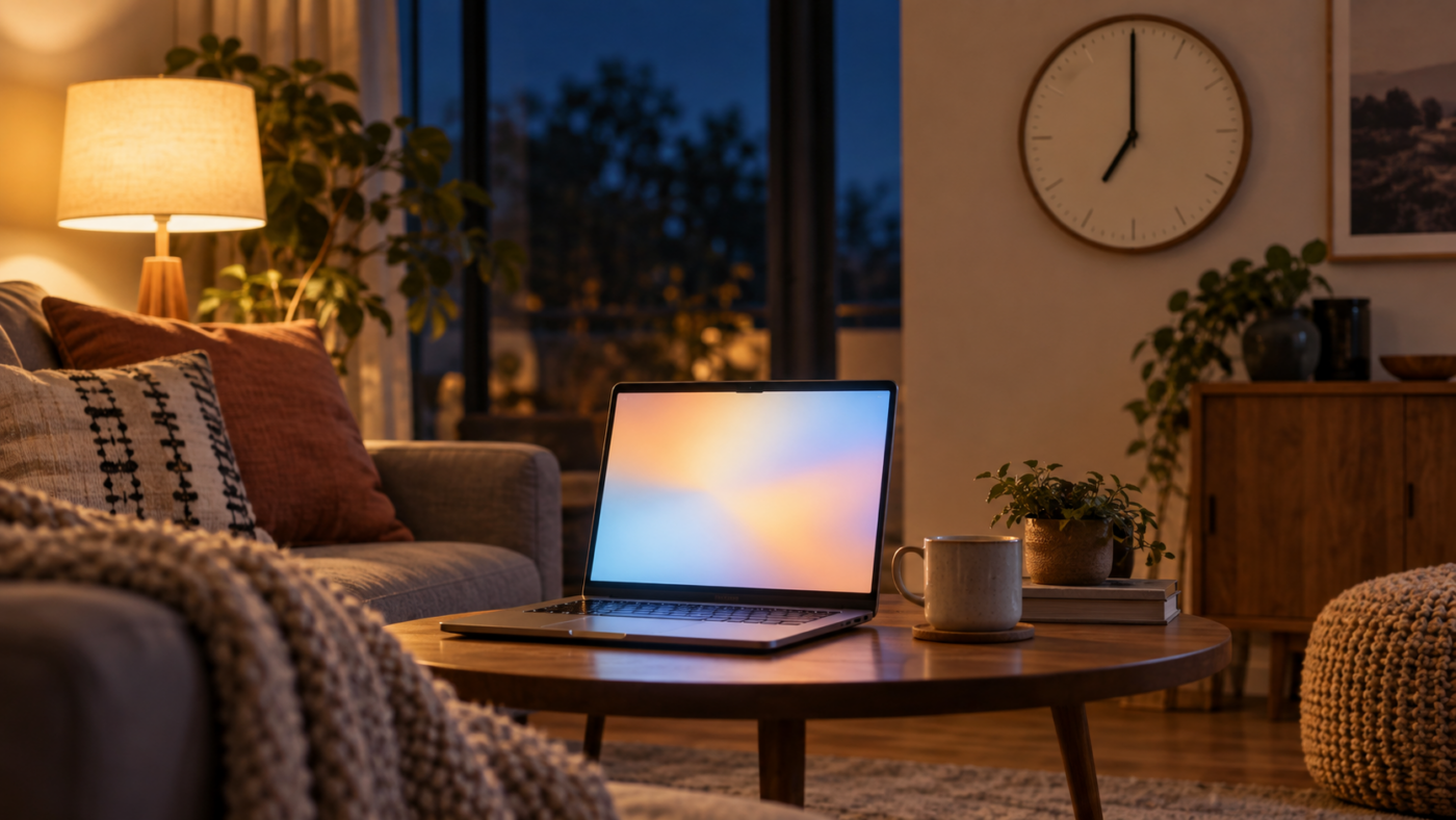 Un ordinateur portable ouvert sur une table basse dans un salon éclairé à la lampe, une horloge murale marquant sept heures derrière lui.