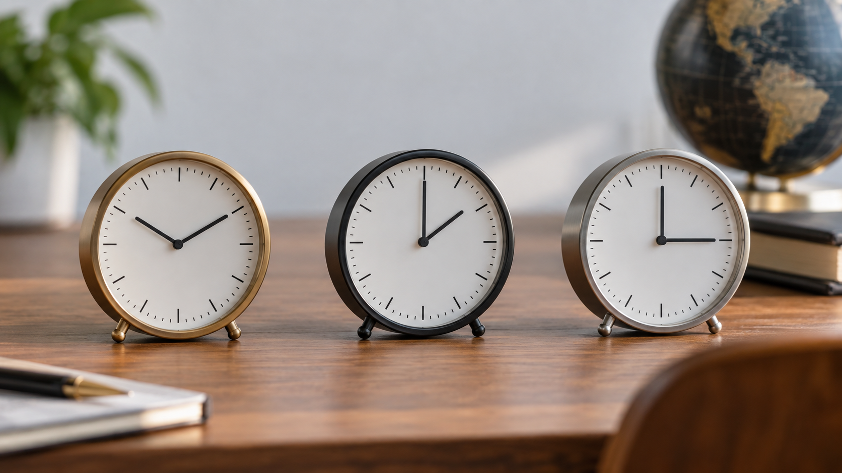 Trois petites horloges de bureau alignées sur un bureau en bois, affichant trois heures différentes.