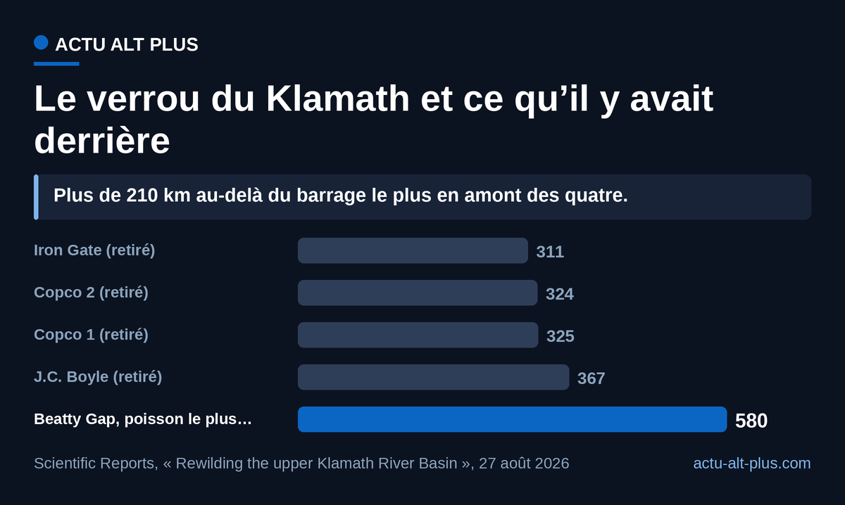 Les quatre barrages retirés fermaient le Klamath entre 311 et 367 km de l’océan. Deux automnes après le chantier, des saumons chinook ont été localisés à plus de 580 km, à 1 250 m d’altitude. Le point amont est le plus lointain observé pendant les deux campagnes, pas la limite de l’aire recolonisée.