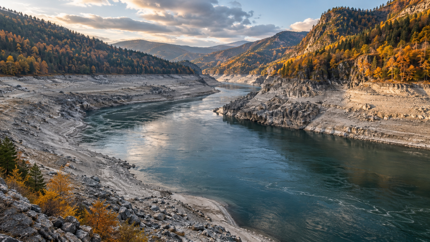 Une rivière large coule dans un canyon rocheux en automne, entre des berges nues récemment mises à découvert.