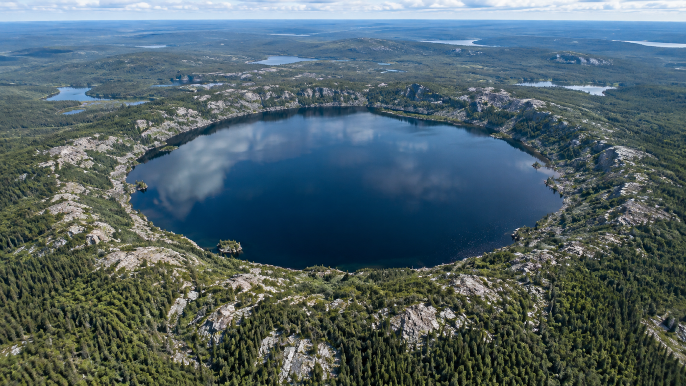 Vue aérienne d’un vaste bassin circulaire couvert de forêt boréale, avec un lac sombre au centre et un anneau d’affleurements rocheux.