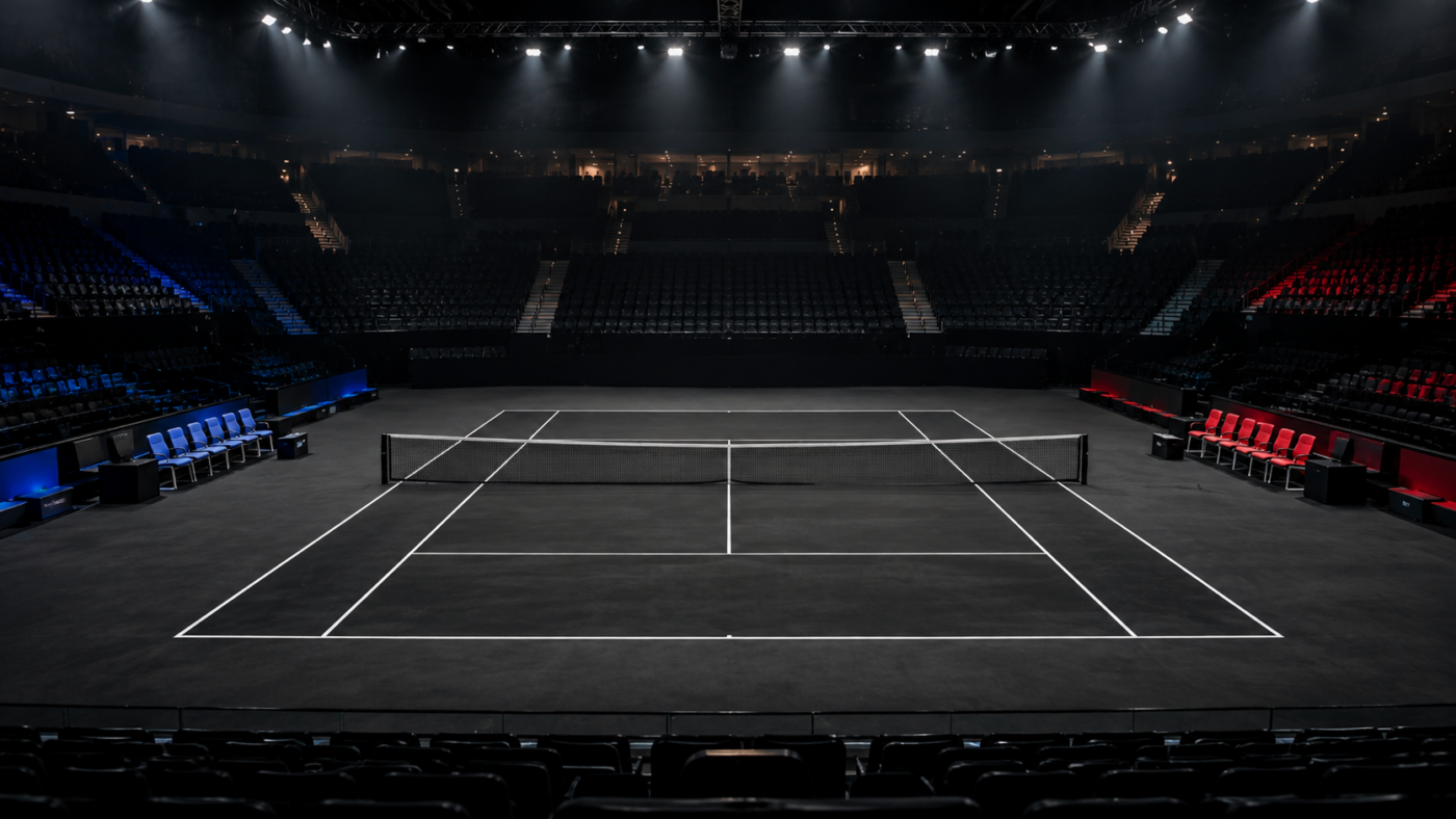 Un court de tennis noir monté au centre d’une salle, deux bancs de six chaises se faisant face de part et d’autre du filet.