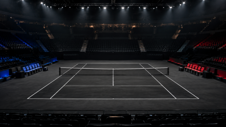 Un court de tennis noir monté au centre d’une salle, deux bancs de six chaises se faisant face de part et d’autre du filet.