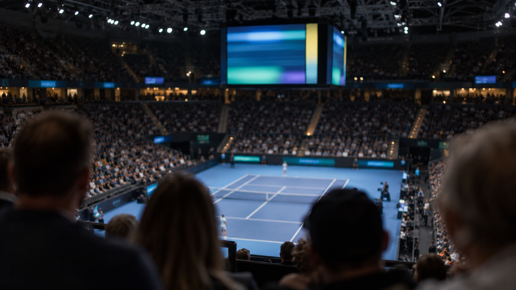 Un tableau d’affichage électronique dans une salle de tennis, vu depuis les tribunes derrière des spectateurs flous.