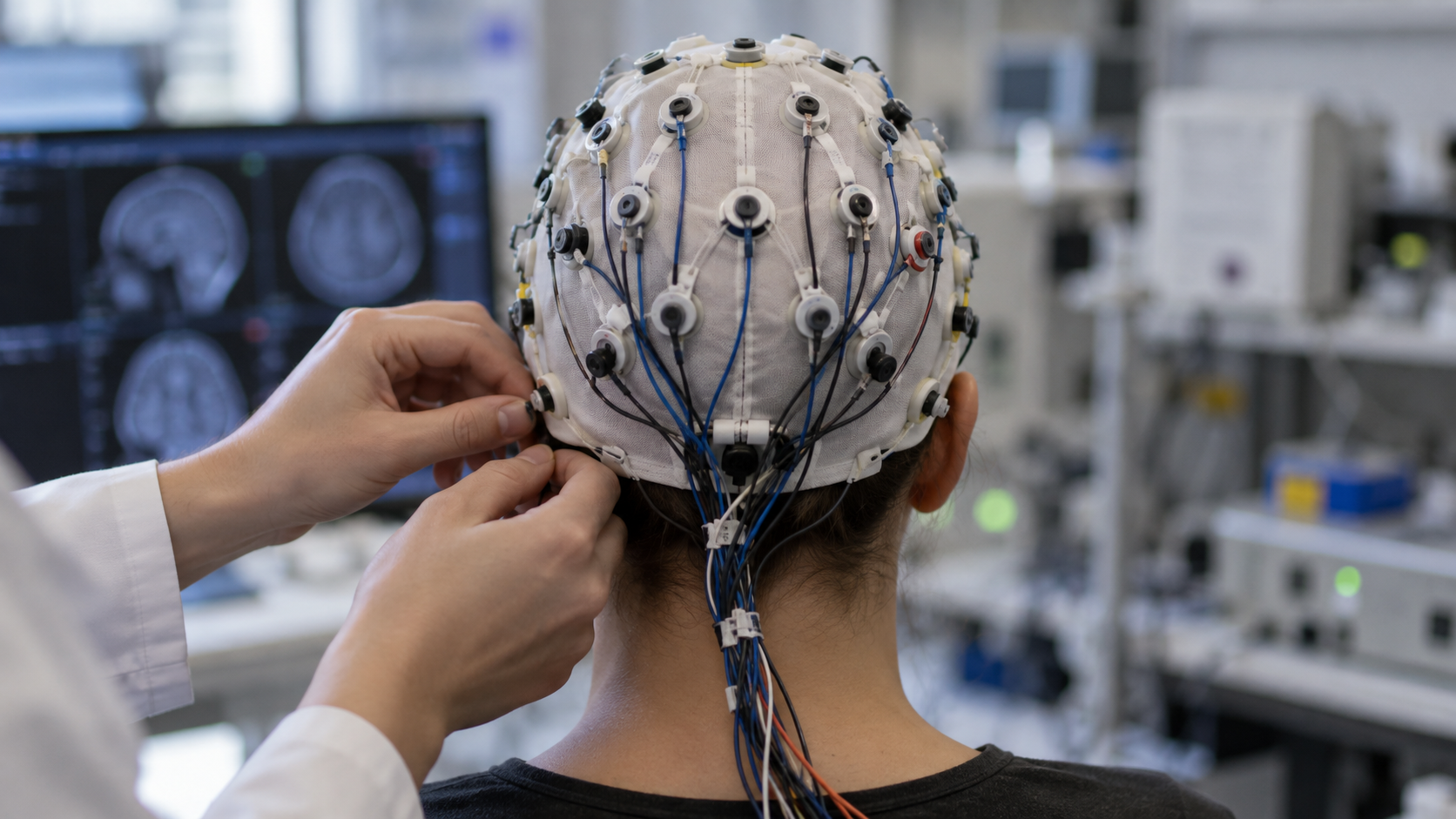 Gros plan sur un bonnet d’électrodes EEG ajusté à l’arrière d’une tête, vue de dos, dans un laboratoire.