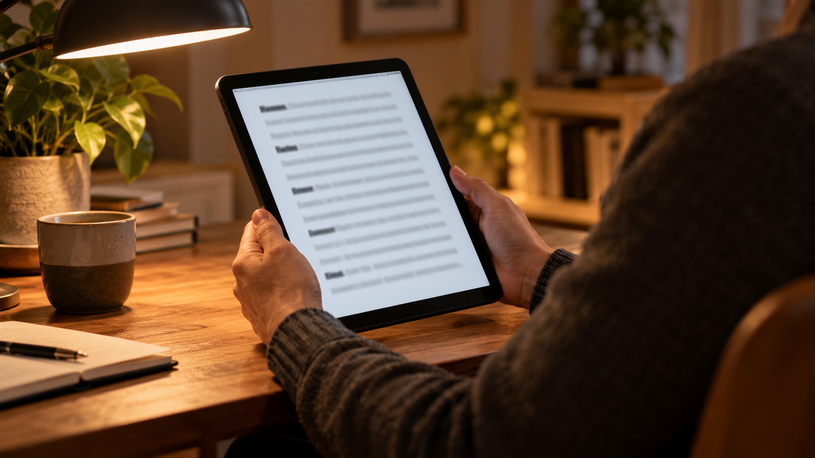 Des mains tiennent une tablette affichant une mise en page d’article floutée, sur un bureau en bois éclairé par une lampe.