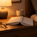 Un roman de poche ouvert posé face contre une table de nuit, à côté d'une lampe allumée et d'une paire de lunettes.