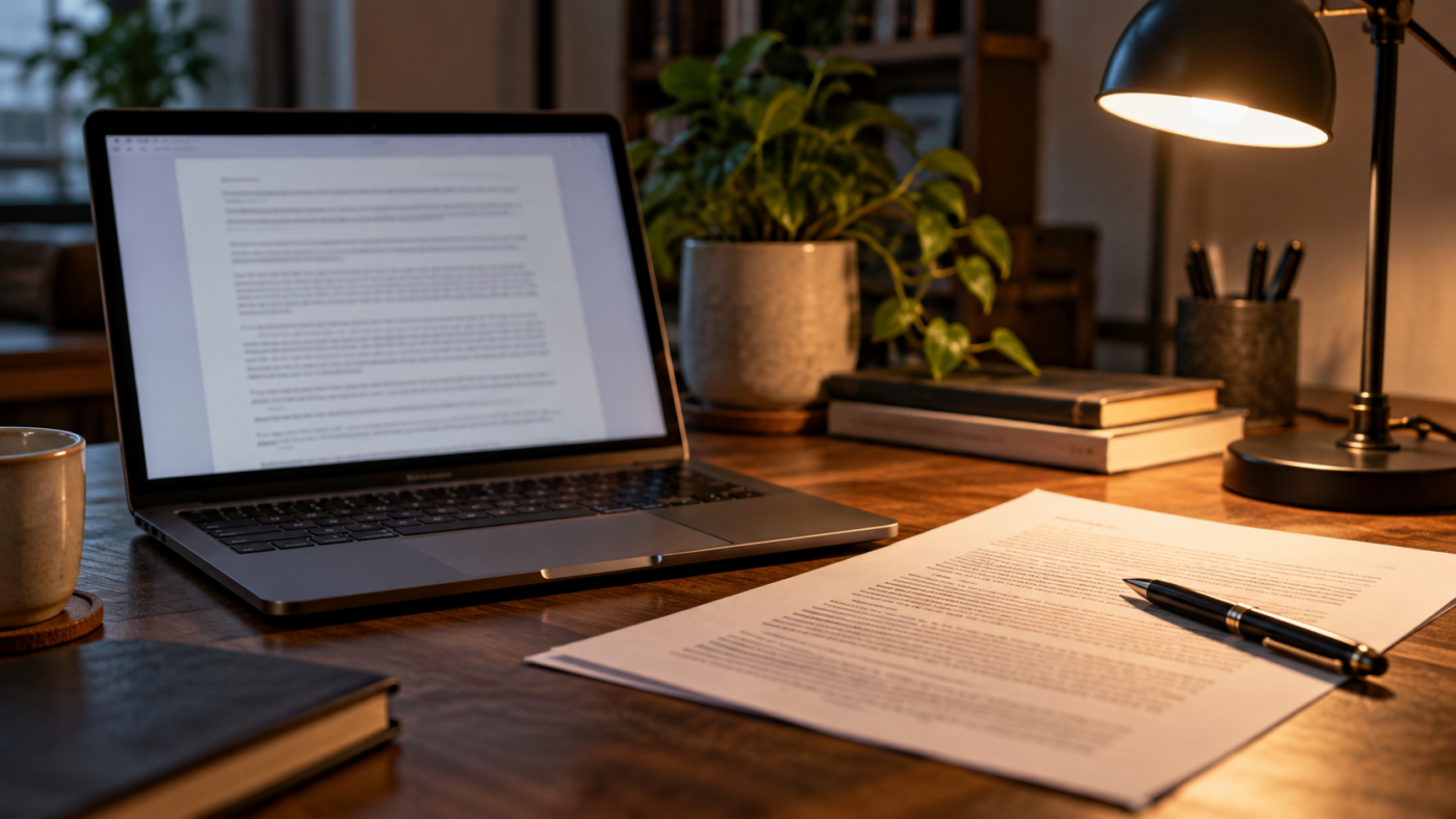 Un ordinateur portable ouvert sur un document texte illisible, une feuille imprimée et un stylo posés à côté, sur un bureau éclairé par une lampe.
