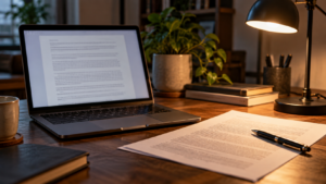 Un ordinateur portable ouvert sur un document texte illisible, une feuille imprimée et un stylo posés à côté, sur un bureau éclairé par une lampe.