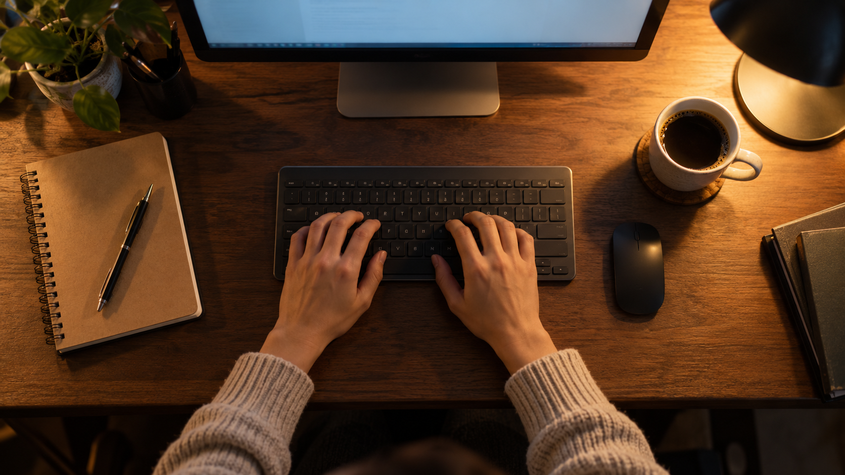 Vue de dessus de deux mains sur un clavier dans un petit bureau éclairé par une lampe, une tasse et un carnet posés à côté.