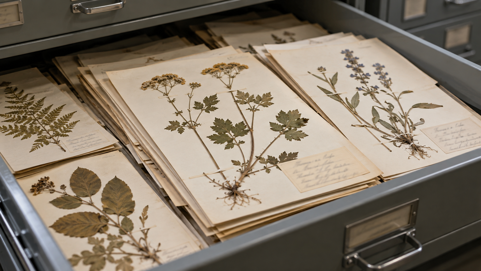 Planches d’herbier empilées dans un tiroir métallique ouvert, étiquettes manuscrites floues.